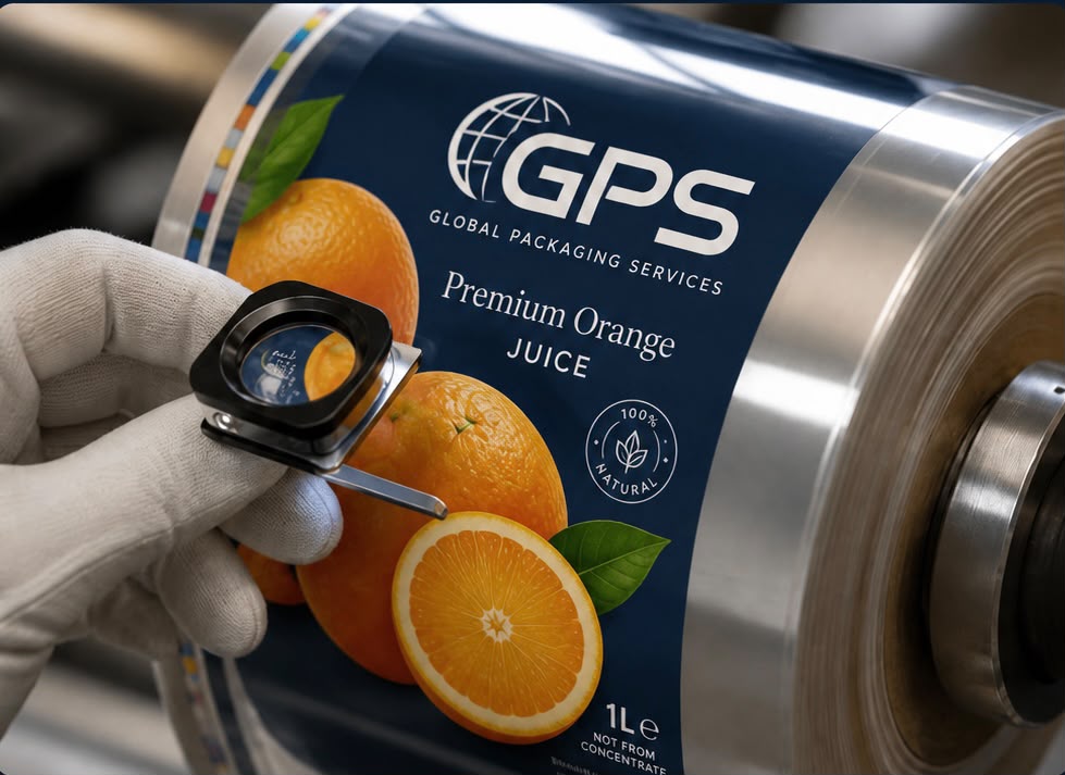 Operator inspecting a GPS-branded Premium Orange Juice reel under magnification on a flexo press