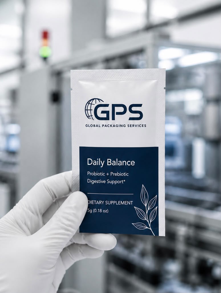 GPS-branded Daily Balance sachet held on the production floor